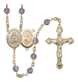 14 Karat Gold 6mm Austrian Crystal Saint Sebastian/Wrestling Rosary in Light Amethyst