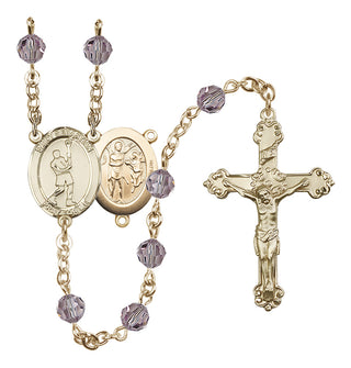 14 Karat Gold 6mm Austrian Crystal Saint Sebastian/Lacrosse Rosary in Light Amethyst