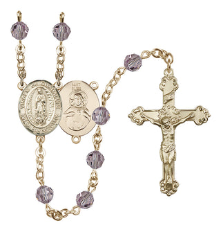 14 Karat Gold 6mm Austrian Crystal Virgen de Guadalupe Rosary in Light Amethyst