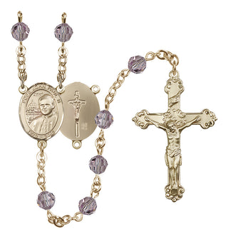 14 Karat Gold 6mm Austrian Crystal Saint John Paul II Rosary in Light Amethyst
