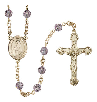 14 Karat Gold 6mm Austrian Crystal Saint Hildegard von Bingen Rosary in Light Amethyst