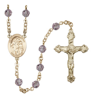14 Karat Gold 6mm Austrian Crystal Guardian Angel w/Children Rosary in Light Amethyst