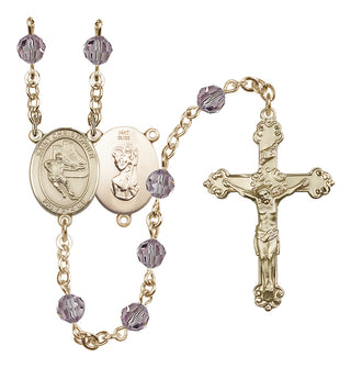 14 Karat Gold 6mm Austrian Crystal Saint Christopher/Hockey Rosary in Light Amethyst