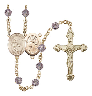 14 Karat Gold 6mm Austrian Crystal Saint Sebastian/Basketball Rosary in Light Amethyst