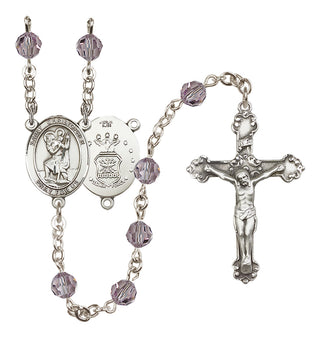 Sterling Silver 6mm Austrian Crystal Saint Christopher / Air Force Rosary in Light Amethyst