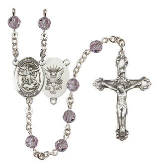 Sterling Silver 6mm Austrian Crystal Saint Michael / Navy Rosary in Light Amethyst