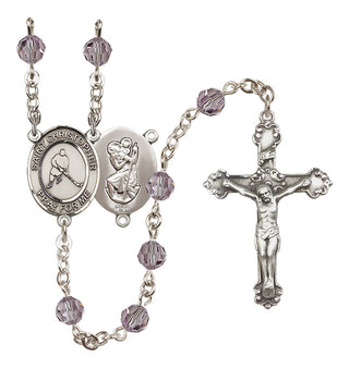 Sterling Silver 6mm Austrian Crystal Saint Christopher/Ice Hockey Rosary in Light Amethyst