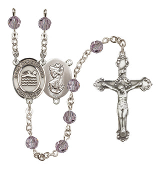 Sterling Silver 6mm Austrian Crystal Saint Christopher/Swimming Rosary in Light Amethyst