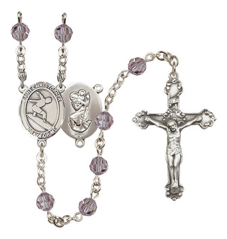 Sterling Silver 6mm Austrian Crystal Saint Christopher/Surfing Rosary in Light Amethyst
