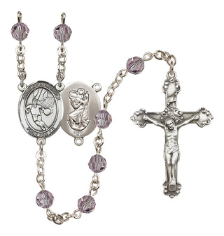 Sterling Silver 6mm Austrian Crystal Saint Christopher/Basketball Rosary in Light Amethyst