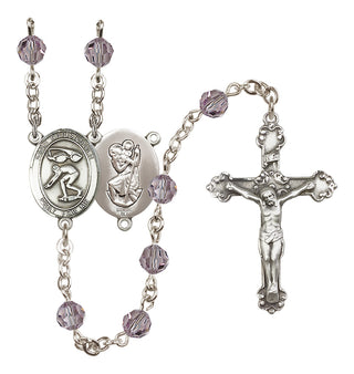 Sterling Silver 6mm Austrian Crystal Saint Christopher/Swimming Rosary in Light Amethyst