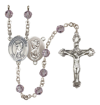 Sterling Silver 6mm Austrian Crystal Saint Christopher/Lacrosse Rosary in Light Amethyst