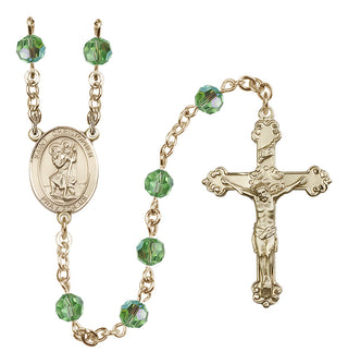 14 Karat Gold-Filled 6mm Austrian Crystal Saint Christopher Rosary in Peridot