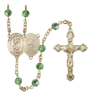 14 Karat Gold-Filled 6mm Austrian Crystal Saint Christopher / Air Force Rosary in Peridot
