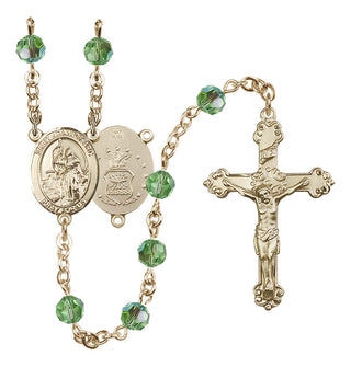 14 Karat Gold 6mm Austrian Crystal Saint Joan of Arc / Air Force Rosary in Peridot