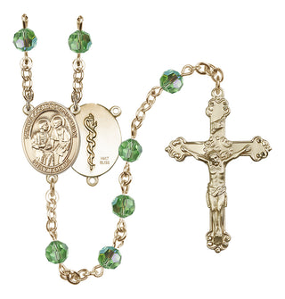 14 Karat Gold 6mm Austrian Crystal Saints Cosmas & Damian / Doctors Rosary in Peridot