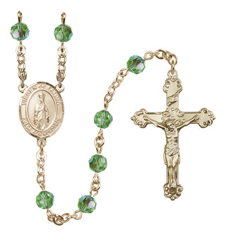 14 Karat Gold 6mm Austrian Crystal Virgen del Fatima Rosary in Peridot