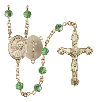 14 Karat Gold 6mm Austrian Crystal Saint John Paul II Rosary in Peridot