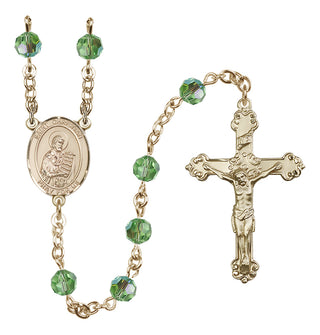 14 Karat Gold 6mm Austrian Crystal Saint Christian Demosthenes Rosary in Peridot