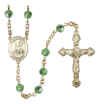 14 Karat Gold 6mm Austrian Crystal Saint Honorius of Amiens Rosary in Peridot