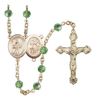 14 Karat Gold 6mm Austrian Crystal Saint Sebastian / Baseball Rosary in Peridot