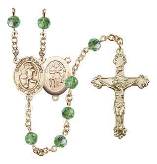 14 Karat Gold 6mm Austrian Crystal Saint Sebastian/Soccer-Women Rosary in Peridot