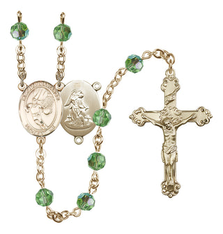 14 Karat Gold 6mm Austrian Crystal Guardian Angel/Basketball Rosary in Peridot