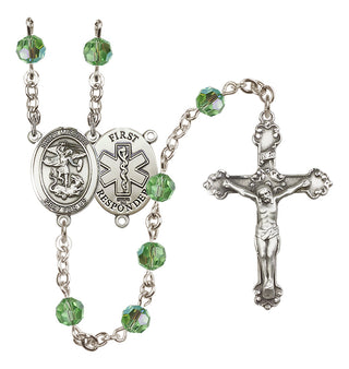 Sterling Silver 6mm Austrian Crystal Saint Michael/1St Responder Rosary in Peridot