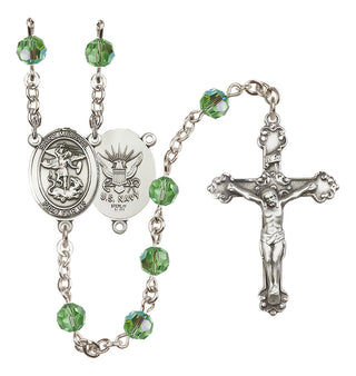 Sterling Silver 6mm Austrian Crystal Saint Michael / Navy Rosary in Peridot