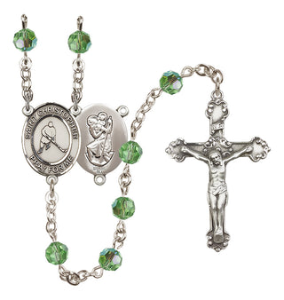 Sterling Silver 6mm Austrian Crystal Saint Christopher/Ice Hockey Rosary in Peridot