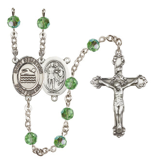 Sterling Silver 6mm Austrian Crystal Saint Sebastian/Swimming Rosary in Peridot