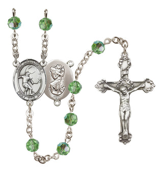 Sterling Silver 6mm Austrian Crystal Saint Christopher/Soccer Rosary in Peridot