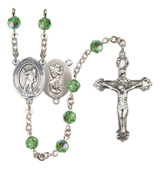 Sterling Silver 6mm Austrian Crystal Saint Christopher/Lacrosse Rosary in Peridot