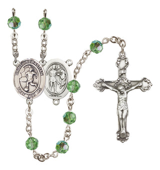 Sterling Silver 6mm Austrian Crystal Saint Sebastian/Soccer-Women Rosary in Peridot