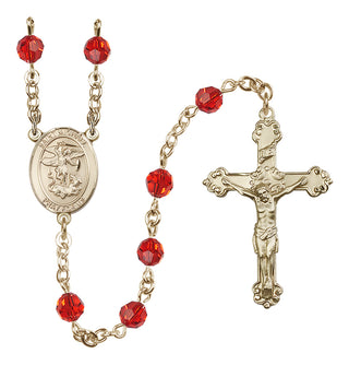 14 Karat Gold-Filled 6mm Austrian Crystal Saint Michael the Archangel Rosary in Ruby