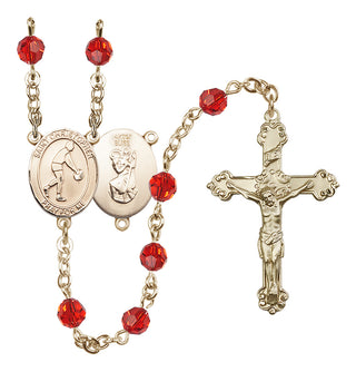 14 Karat Gold-Filled 6mm Austrian Crystal Saint Christopher/Basketball Rosary in Ruby