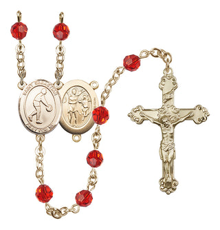 14 Karat Gold-Filled 6mm Austrian Crystal Saint Sebastian/Basketball Rosary in Ruby