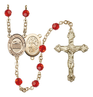 14 Karat Gold-Filled 6mm Austrian Crystal Saint Sebastian/Swimming Rosary in Ruby