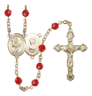 14 Karat Gold-Filled 6mm Austrian Crystal Saint Christopher/Baseball Rosary in Ruby