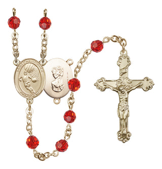 14 Karat Gold-Filled 6mm Austrian Crystal Saint Christopher/Basketball Rosary in Ruby