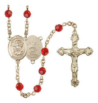 14 Karat Gold 6mm Austrian Crystal Saint Michael / Air Force Rosary in Ruby