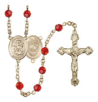 14 Karat Gold 6mm Austrian Crystal Saint Michael the Archangel/Policeman Rosary in Ruby