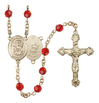 14 Karat Gold 6mm Austrian Crystal Saint Michael / Navy Rosary in Ruby