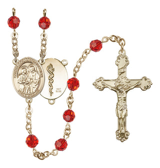 14 Karat Gold 6mm Austrian Crystal Saints Cosmas & Damian / Doctors Rosary in Ruby