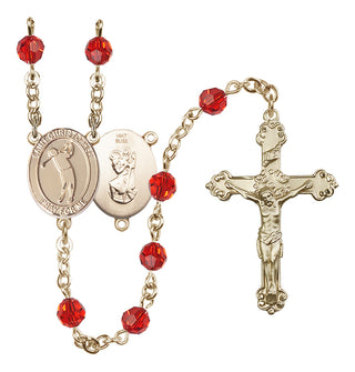 14 Karat Gold 6mm Austrian Crystal Saint Christopher/Golf Rosary in Ruby