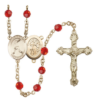 14 Karat Gold 6mm Austrian Crystal Saint Sebastian/Baseball Rosary in Ruby