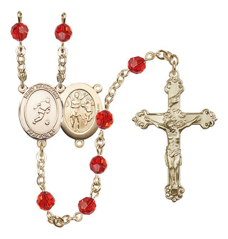 14 Karat Gold 6mm Austrian Crystal Saint Sebastian/Soccer Rosary in Ruby