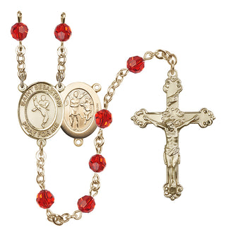 14 Karat Gold 6mm Austrian Crystal Saint Sebastian/Martial Arts Rosary in Ruby