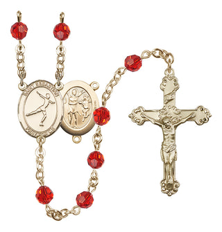 14 Karat Gold 6mm Austrian Crystal Saint Sebastian/Figure Skating Rosary in Ruby