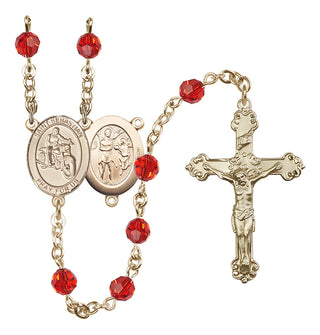 14 Karat Gold 6mm Austrian Crystal Saint Sebastian / Motorcycle Rosary in Ruby